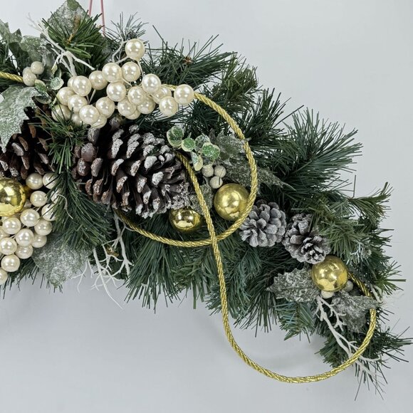 Artificial Evergreen Pinecone Holiday Swag with Gold and Pearl Accents 23"x12" - Picture 3 of 7